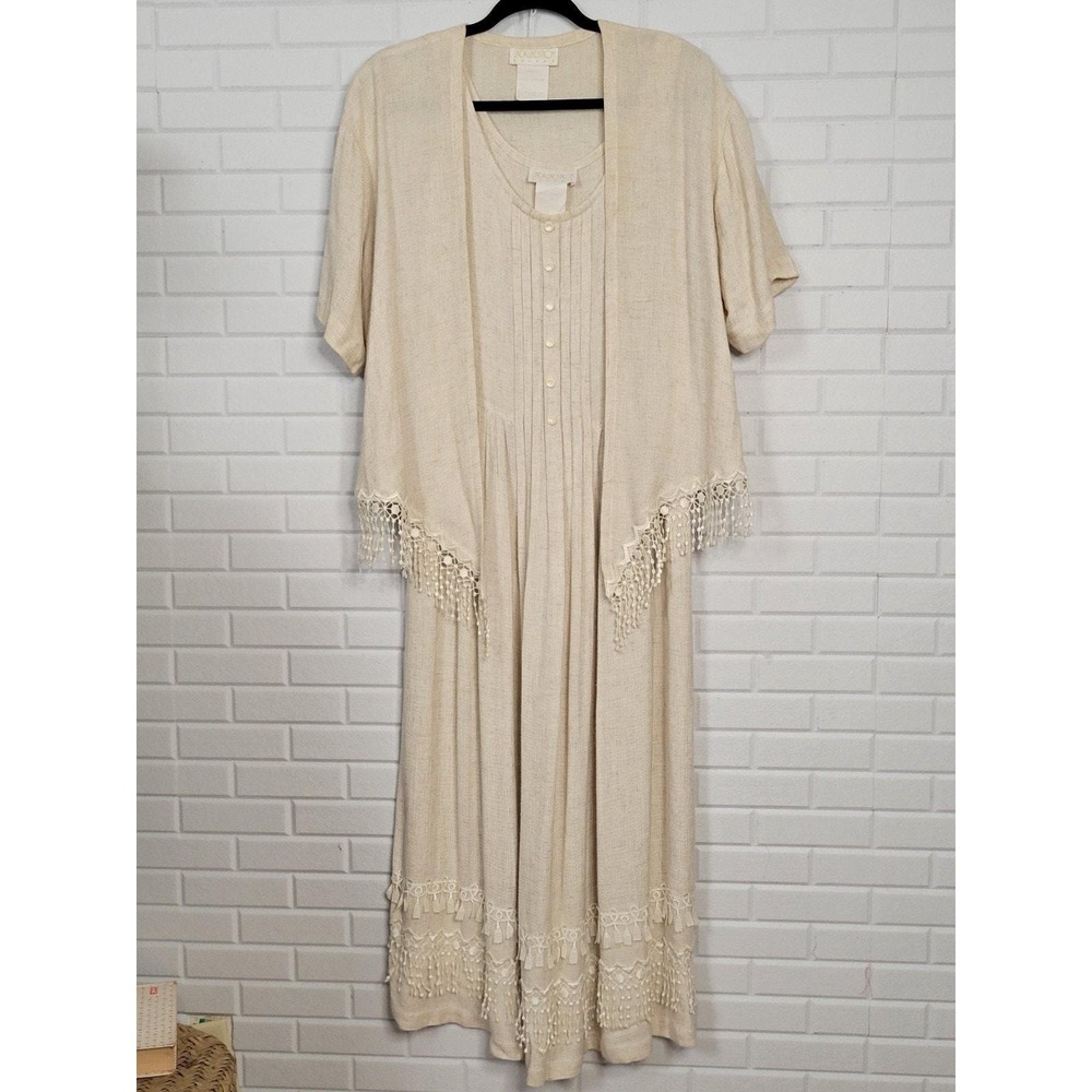 Vtg Linda Lundstrom sz Woven Linen Blend Dress and jacket lace trim‎ Cottagecore
